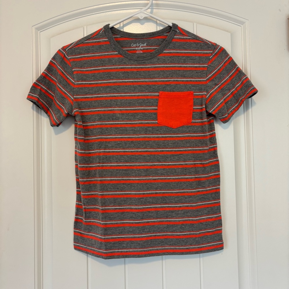 Cat & Jack Boys Gray and Orange Striped Tee Size Medium 8/10